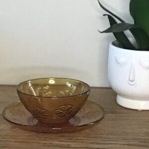 Vereco Amber Glass Flower / Floral Embossed Bowl and Plate